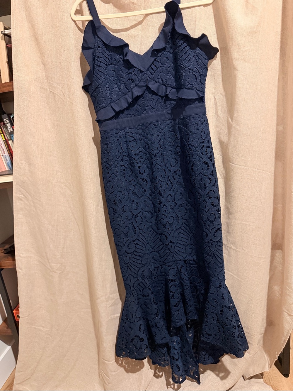 Ruffle-Trim Navy Lace Midi Dress